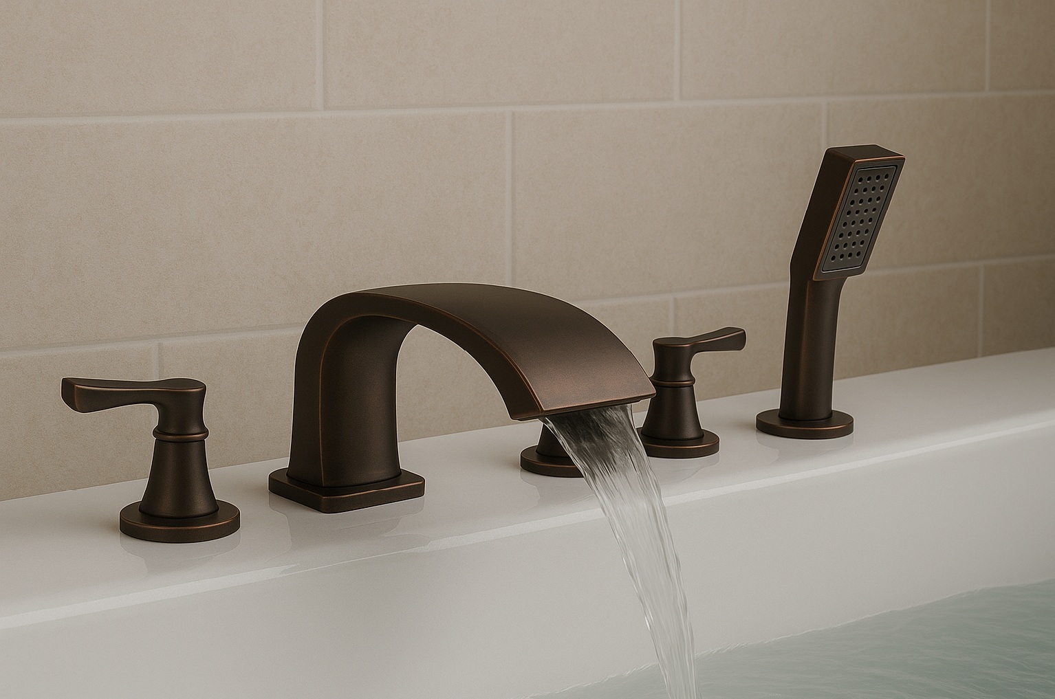 Wide-spout oil rubbed bronze bathtub faucet system with handheld shower